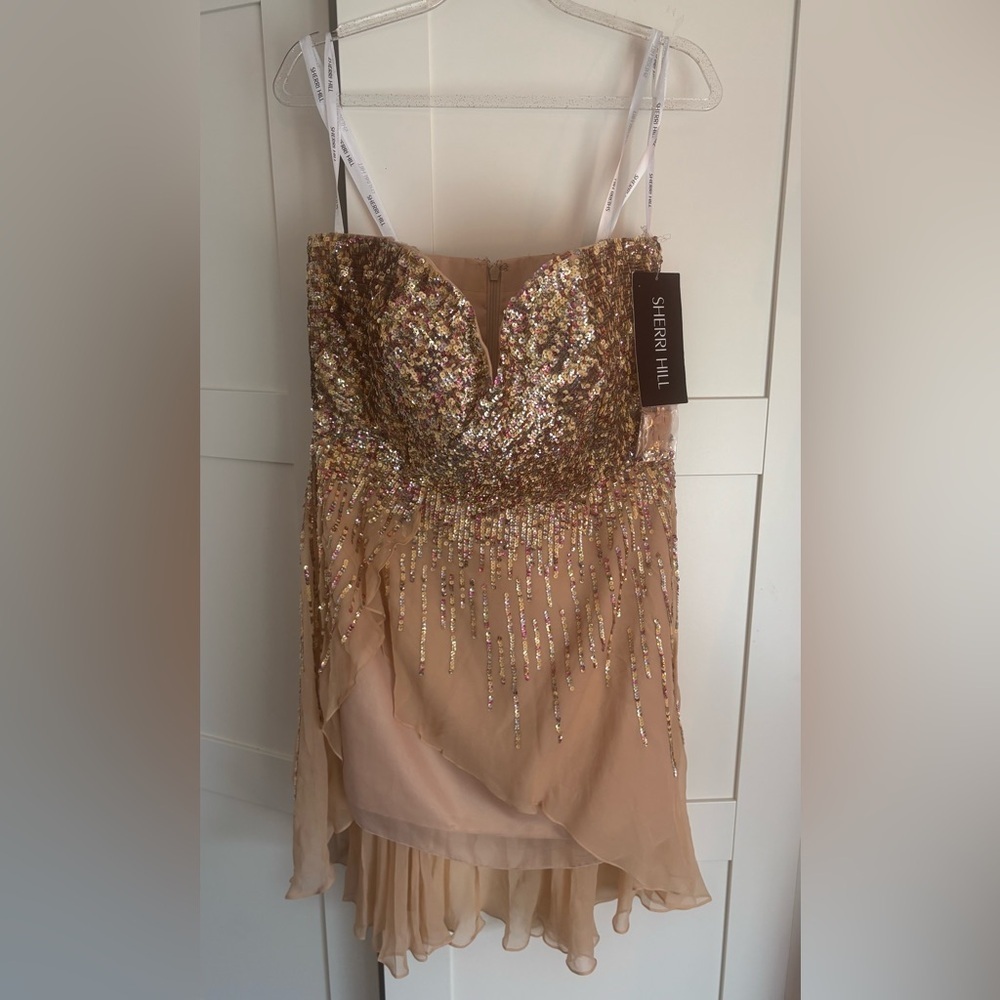Sherri Hill Gold Sequin Strapless Prom Dress Formal Cocktail Dress Size 14 NWT